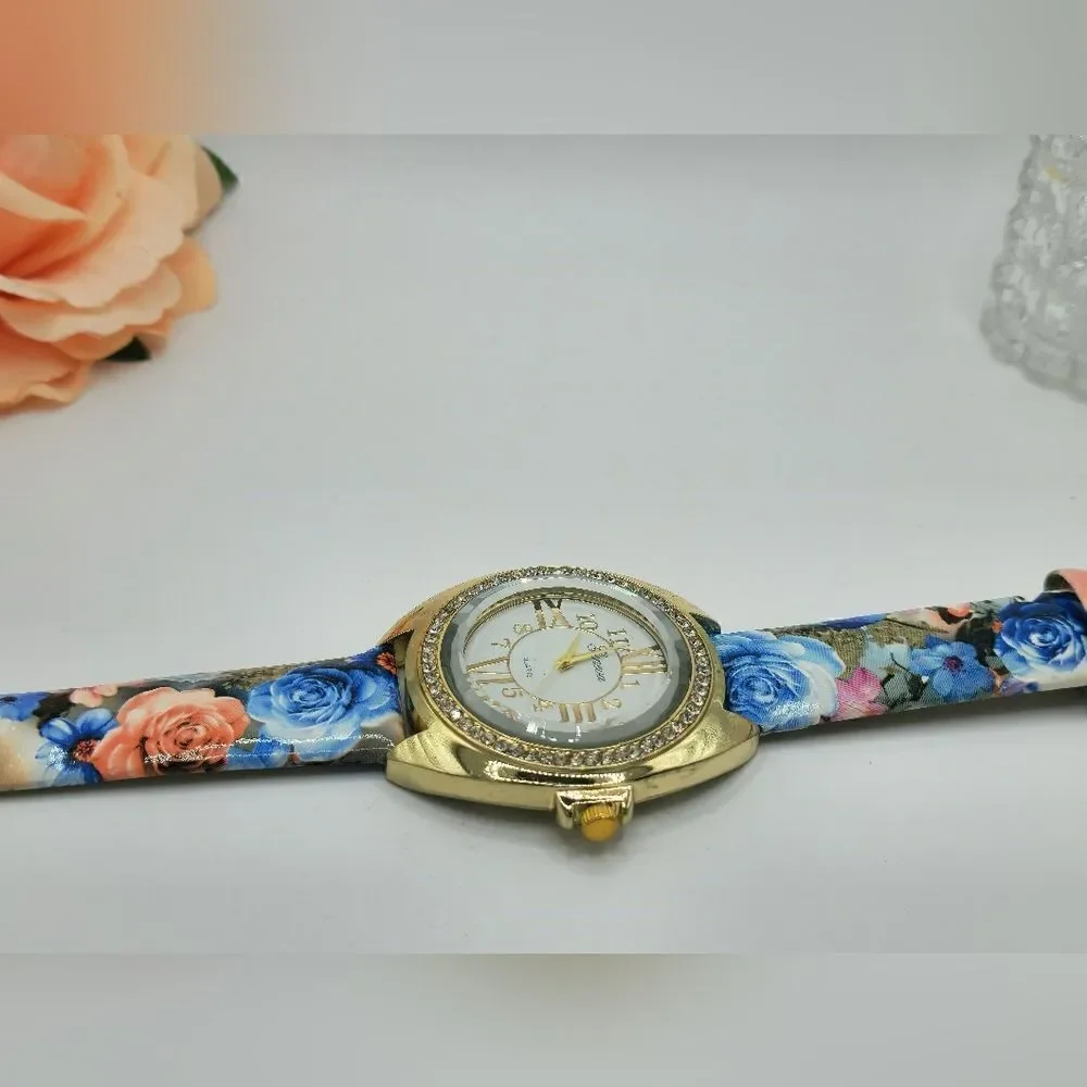 Geneva Gold rhinestone floral wristwatch